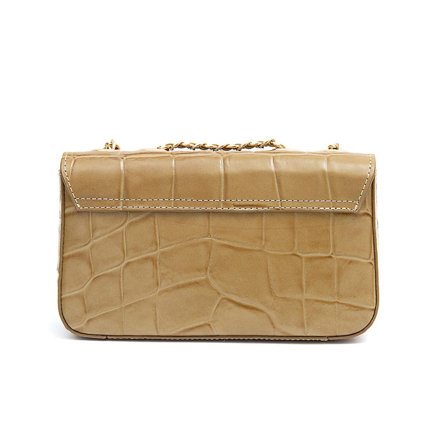 BOLSA BAGUETE ANNE PEQUENA COURO CAIMAN AZEITE OURO