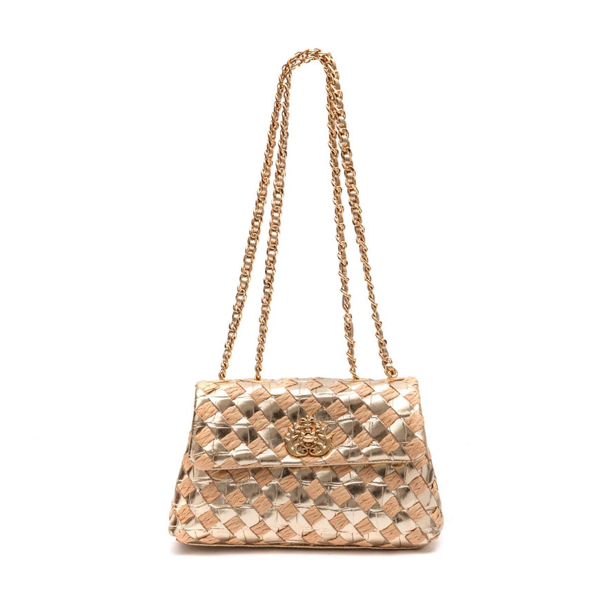 BOLSA HELLEN COURO E RÁFIA PEQUENA OURO TRESSÊ