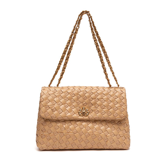 BOLSA FLAP TRESSÊ HELEN MEDIA COURO E RÁFIA MACADÂMIA