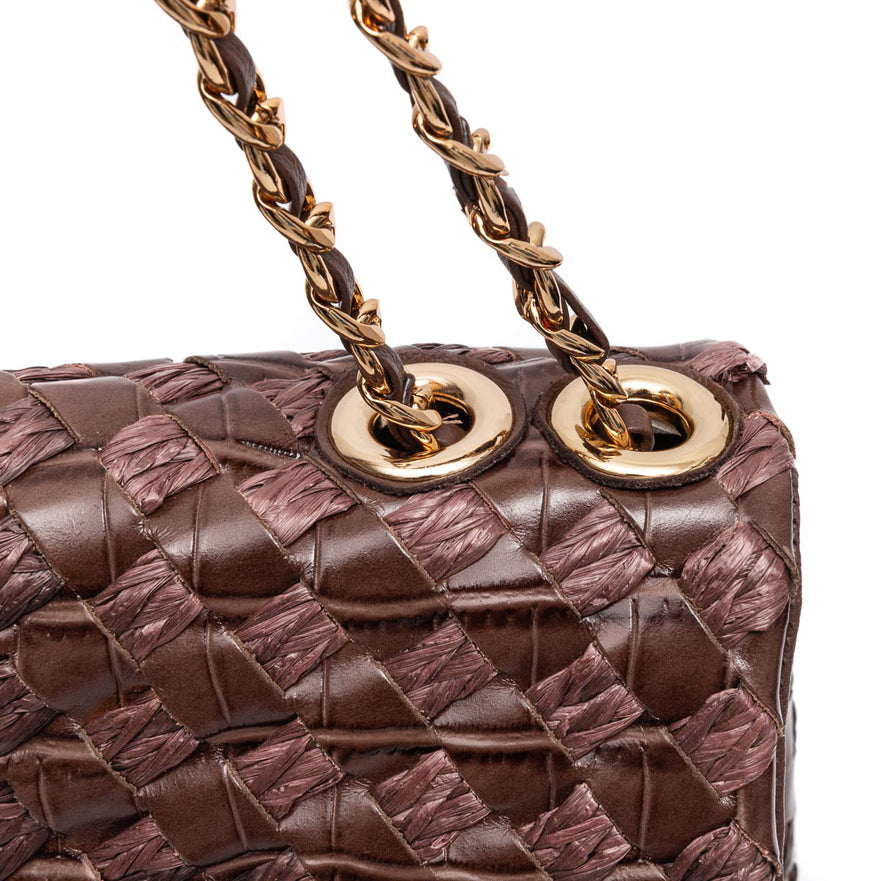 BOLSA FLAP TRESSÊ HELEN MÉDIA COURO E RÁFIA PINHÃO