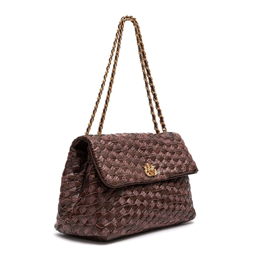 BOLSA FLAP TRESSÊ HELEN MÉDIA COURO E RÁFIA PINHÃO