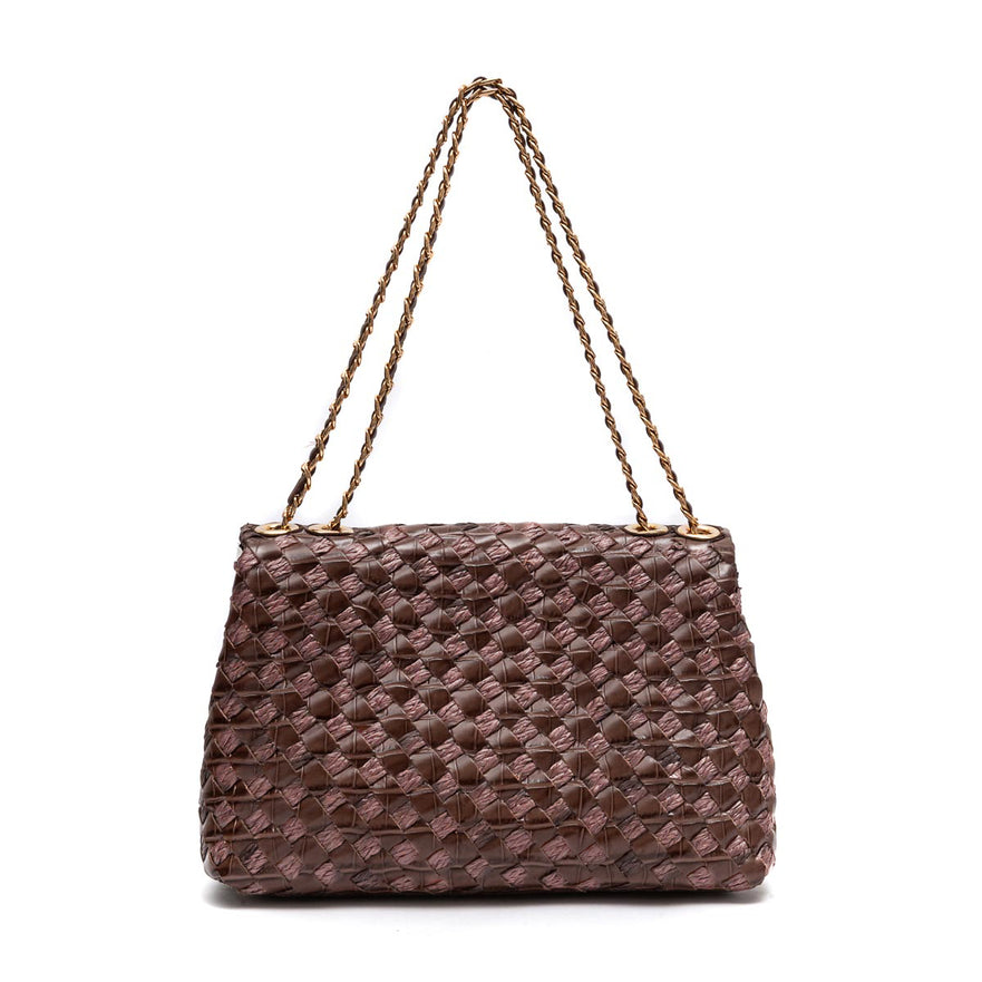 BOLSA FLAP TRESSÊ HELEN MÉDIA COURO E RÁFIA PINHÃO