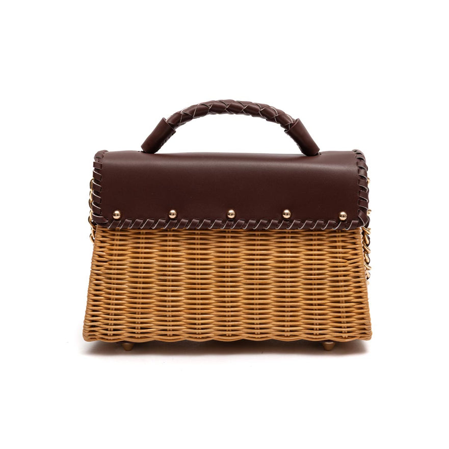 BOLSA SELENE TOP HANDLE MÉDIA EM RATTAN E COURO PINHÃO MEL