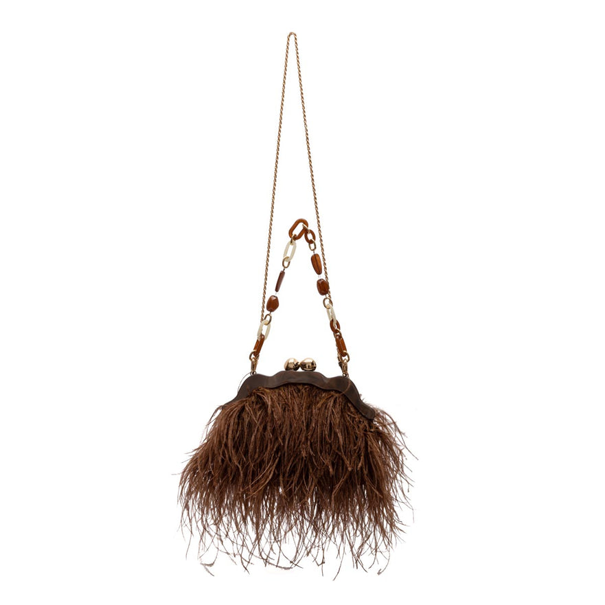 BOLSA POUCH PEQUENA  DE PLUMAS MASCAVO
