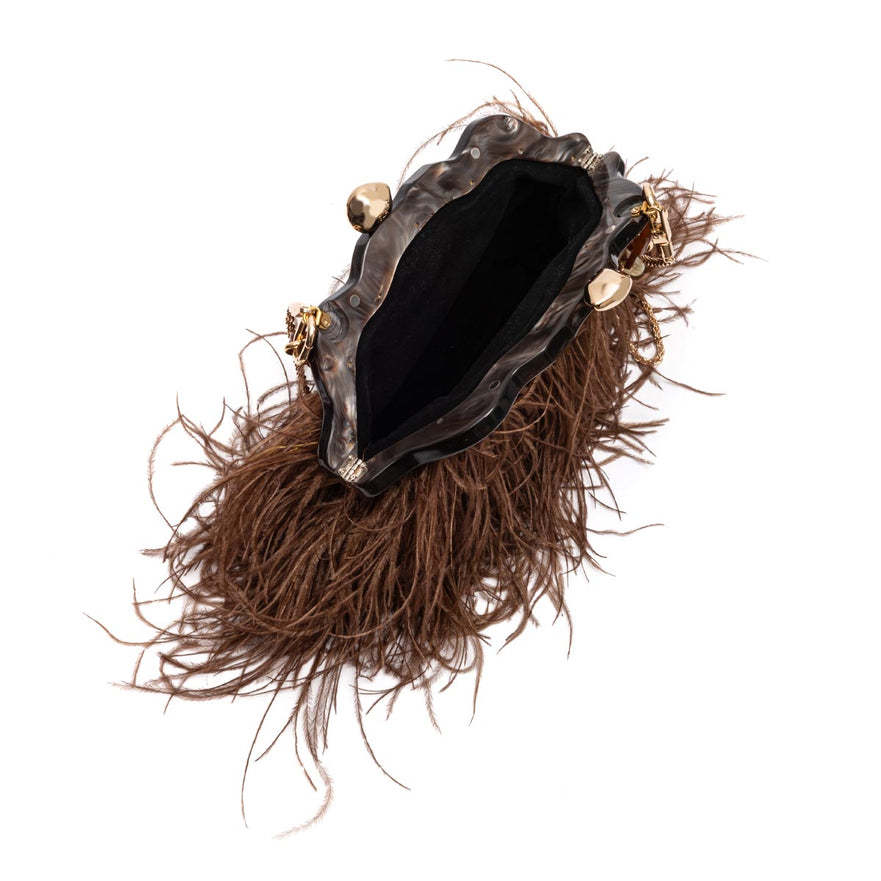 BOLSA POUCH PEQUENA  DE PLUMAS MASCAVO