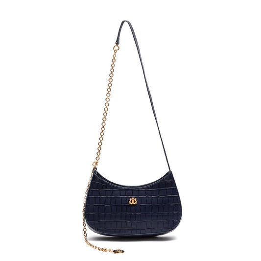 BOLSA SHOULDER FOREVER PEQUENA COURO CAIMAN COBALTO OURO