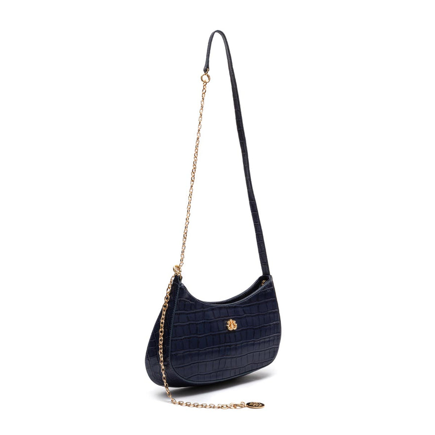 BOLSA SHOULDER FOREVER PEQUENA COURO CAIMAN COBALTO OURO