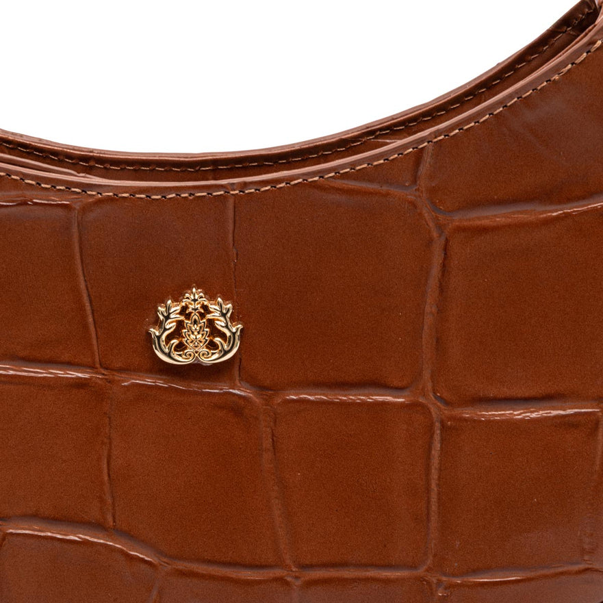 BOLSA SHOULDER FOREVER PEQUENA COURO CAIMAN PECAN OURO
