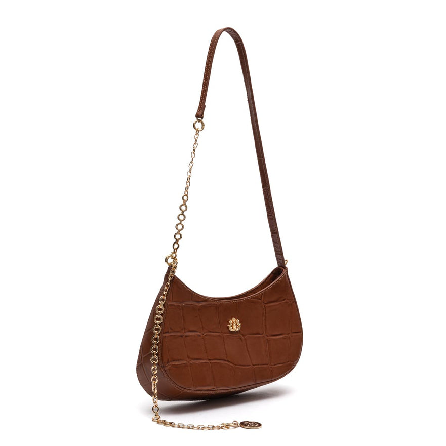 BOLSA SHOULDER FOREVER PEQUENA COURO CAIMAN PECAN OURO