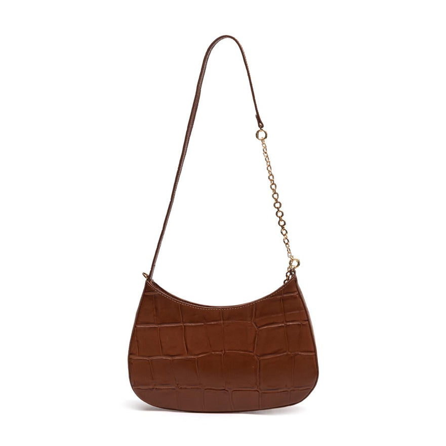 BOLSA SHOULDER FOREVER PEQUENA COURO CAIMAN PECAN OURO