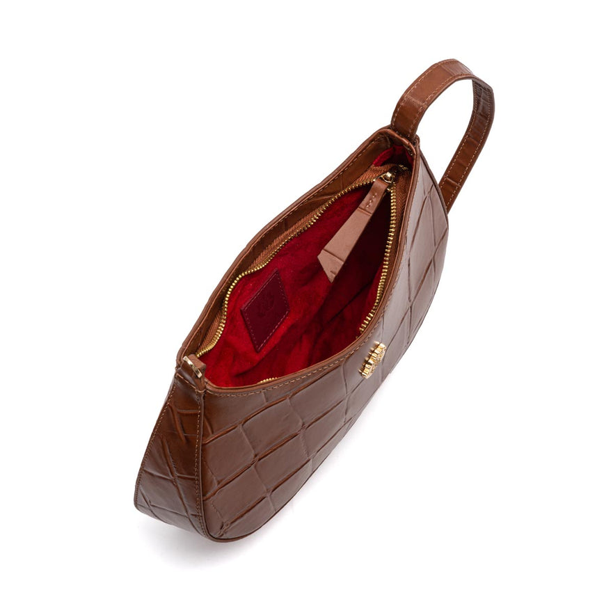 BOLSA SHOULDER FOREVER PEQUENA COURO CAIMAN PECAN OURO