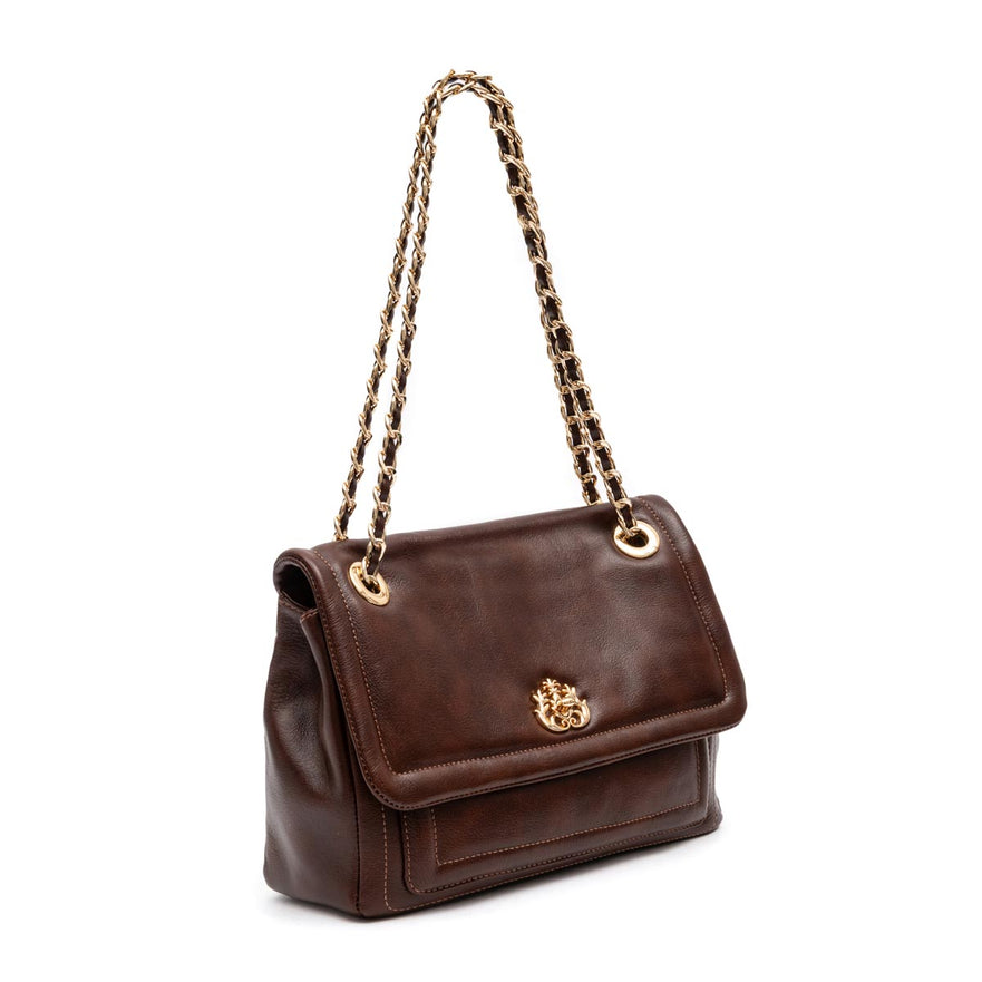 BOLSA FLAP DAHLIA CROSBY COURO PINHÃO OURO