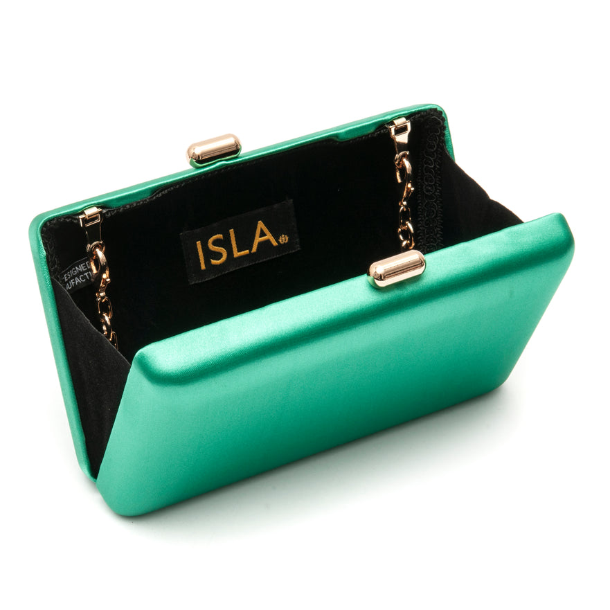BOLSA CLUTCH EVA PEQUENA CETIM VERDE OURO