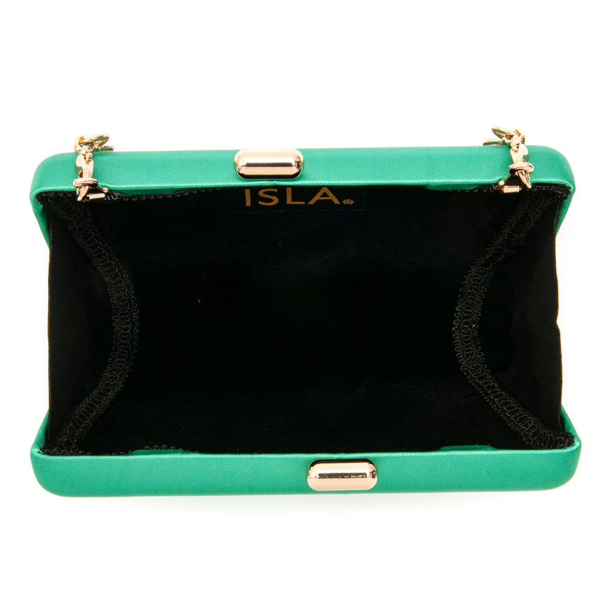 BOLSA CLUTCH EVA PEQUENA CETIM VERDE OURO