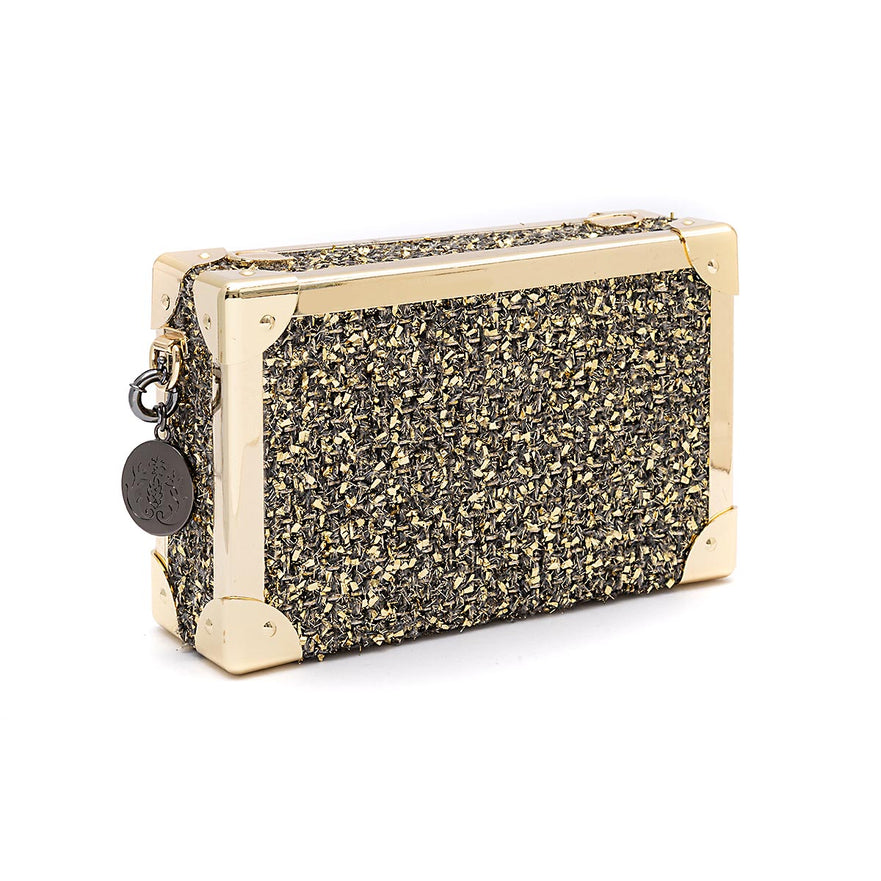 BOLSA CLUTCH TRUNK PEQUENA  METALIZADO TWEED GLAM OURO