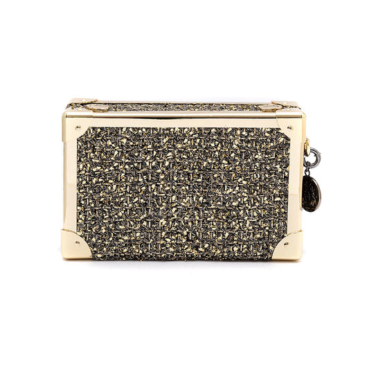 BOLSA CLUTCH TRUNK PEQUENA  METALIZADO TWEED GLAM OURO