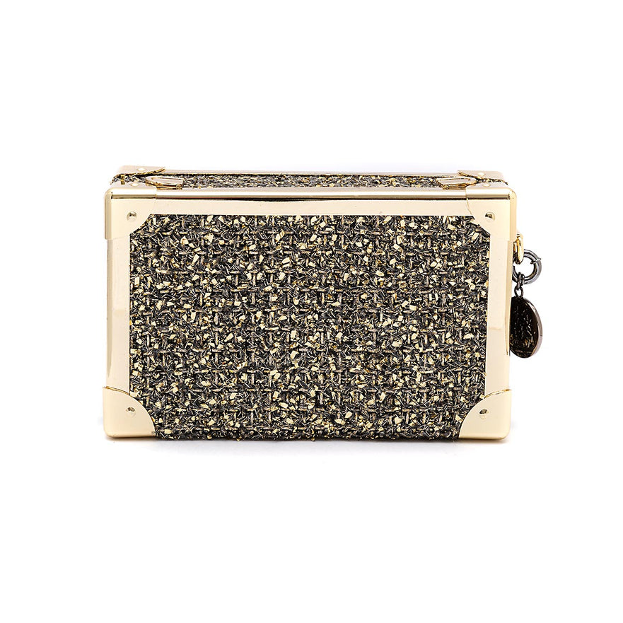 BOLSA CLUTCH TRUNK PEQUENA  METALIZADO TWEED GLAM OURO