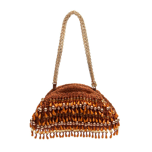 BOLSA POUCH CAPRI MEDIA EM RÁFIA COM CONTAS CACAU