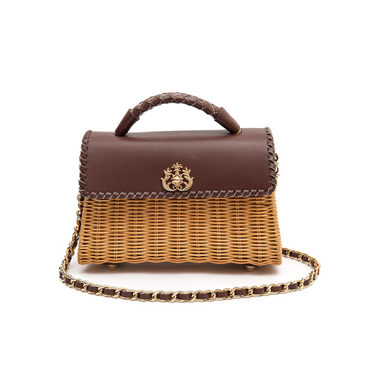 BOLSA SELENE TOP HANDLE MÉDIA EM RATTAN E COURO PINHÃO MEL