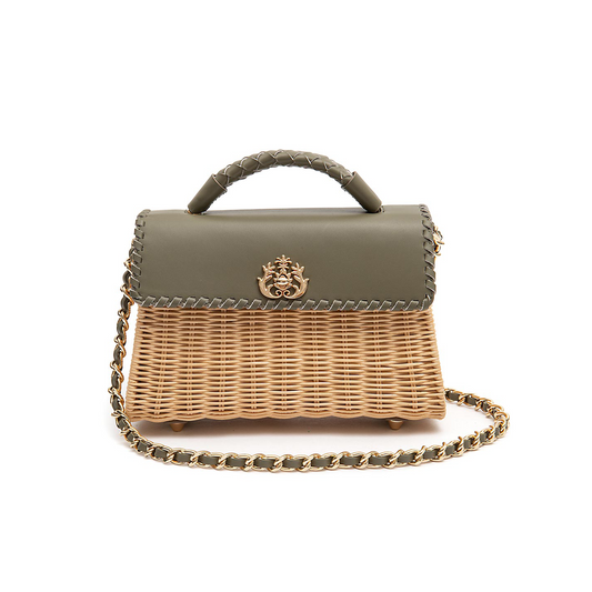 BOLSA SELENE TOP HANDLE MEDIA RATTAN E COURO AZEITE