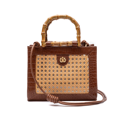 BOLSA DIANA MÉDIA EM COURO NATURAL  E PALHA INDIANA MAXI CROCO  PINHÃO